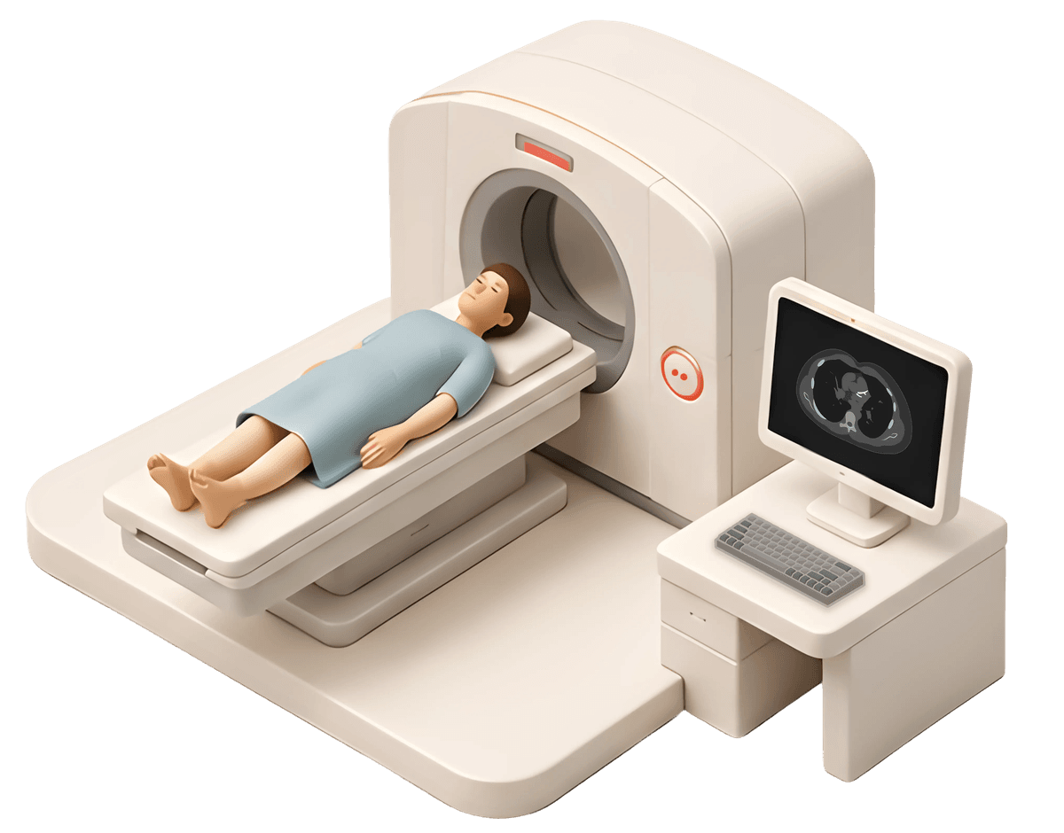 Patient undergoing a coronary CT scan with heart imagery on screen